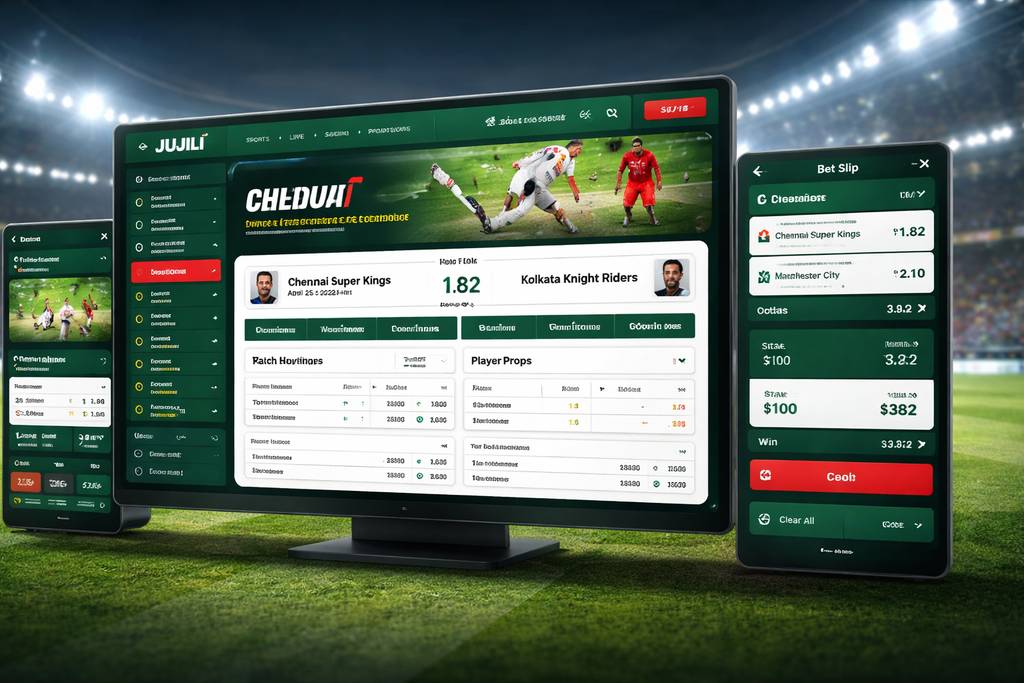JUJILI live sportsbook dashboard showing cricket and football betting markets