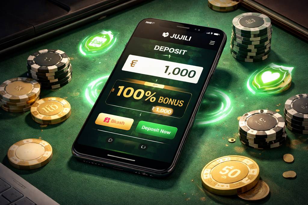 JUJILI welcome bonus deposit screen with ৳1,000 example amount